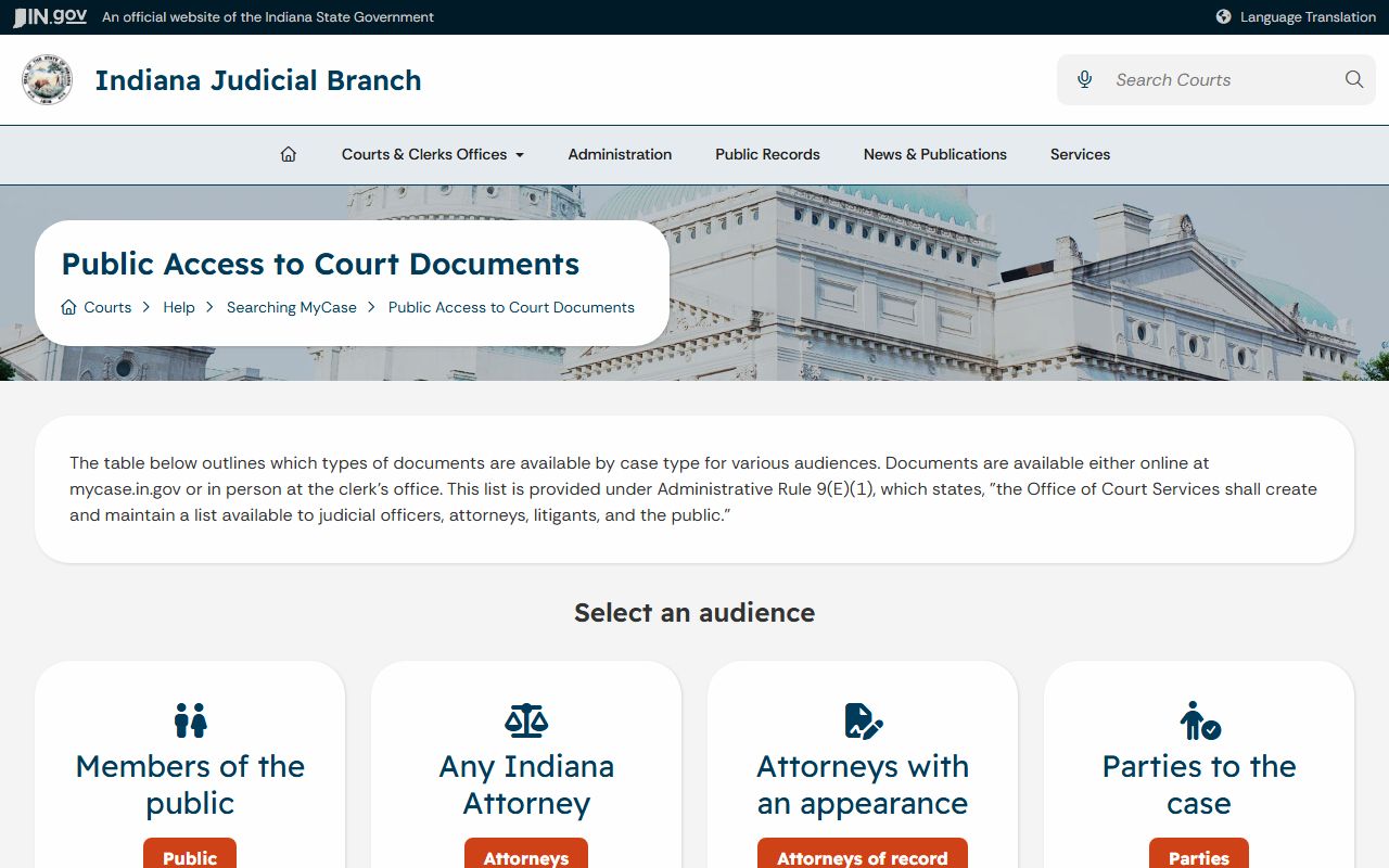Indiana court document access page explaining online and clerk-only criminal court records