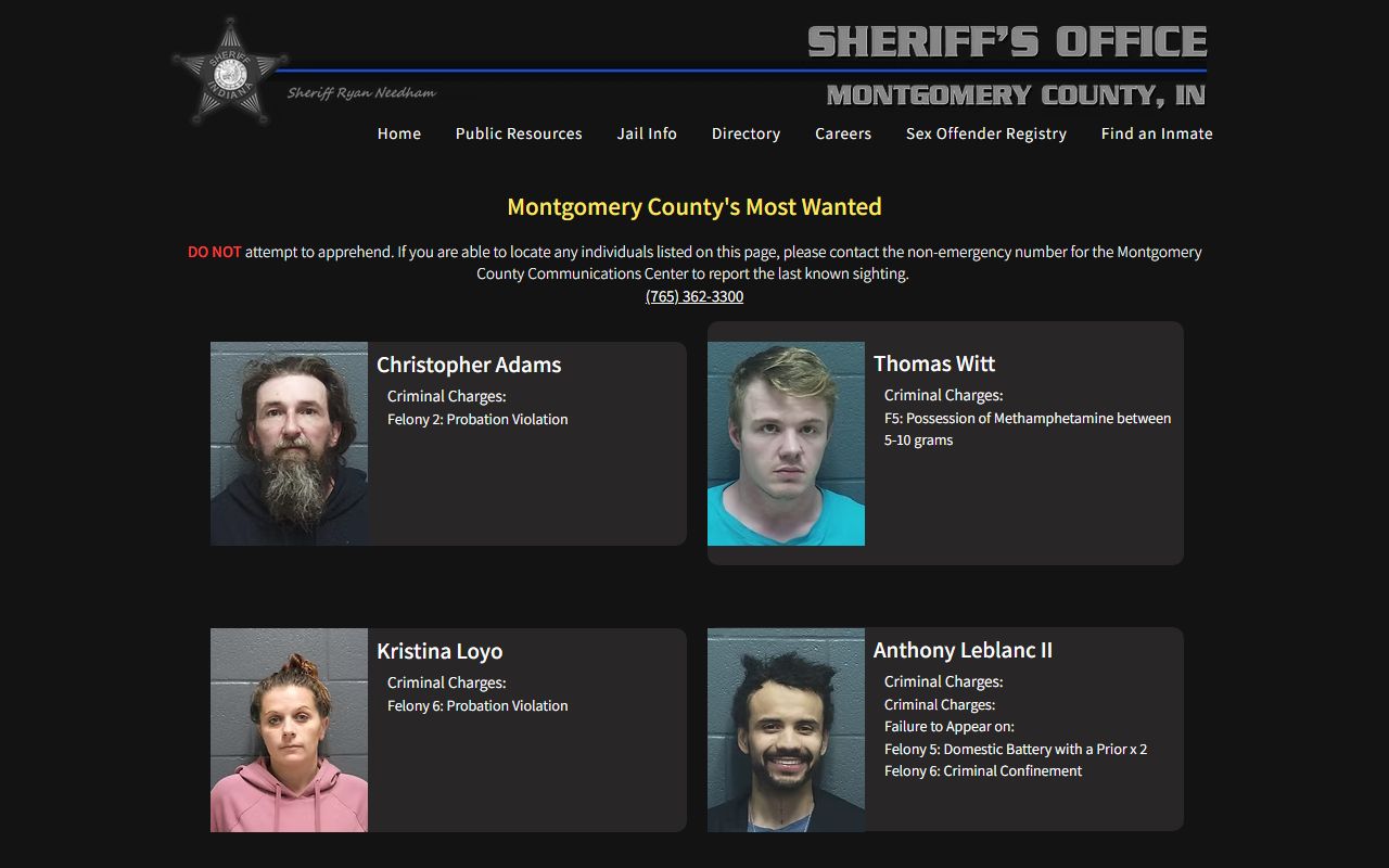 Montgomery County Sheriff Most Wanted page with public images and charges